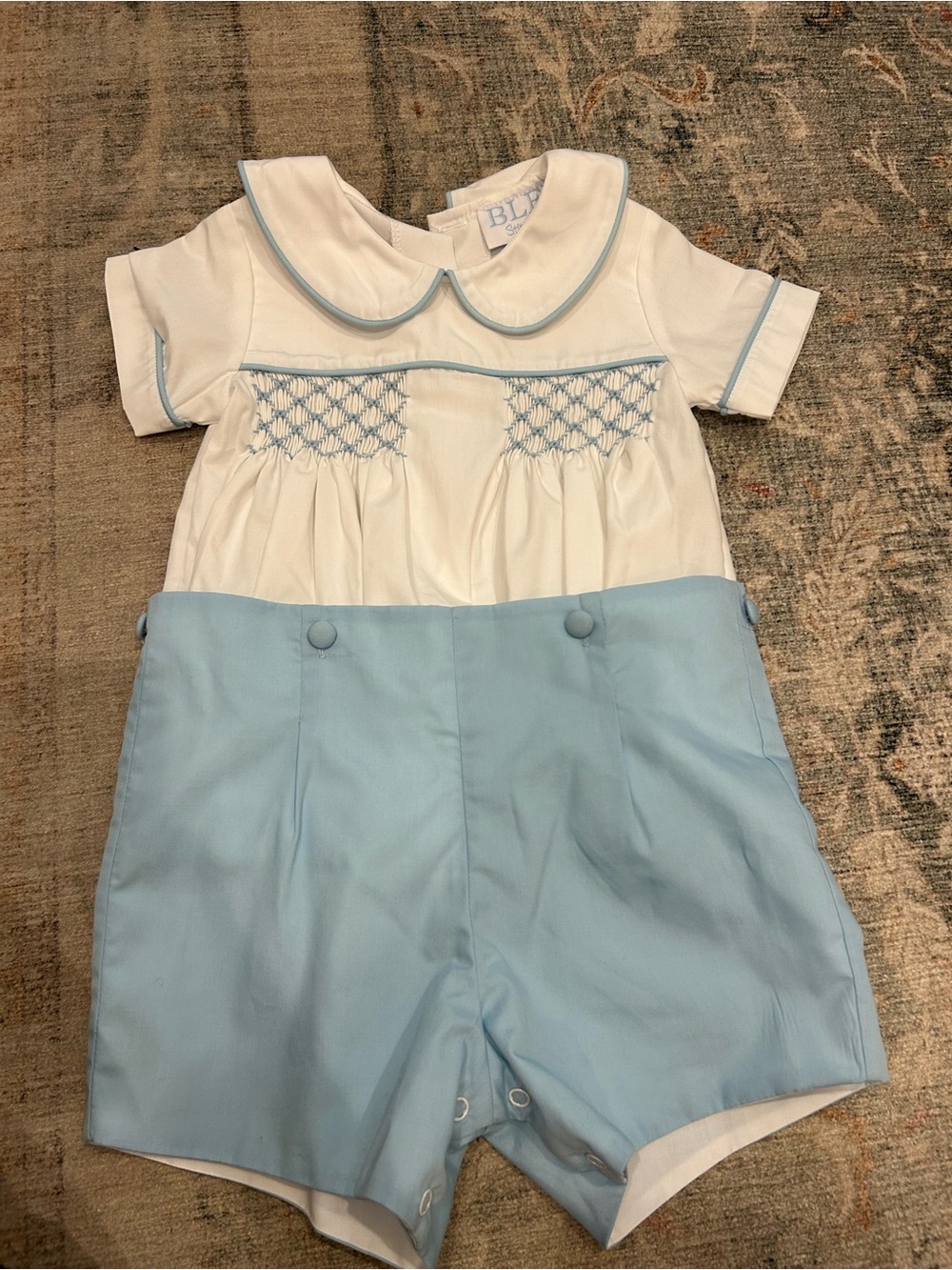 Classic Peter Pan Collar Smocked One-Piece in White and Light Blue